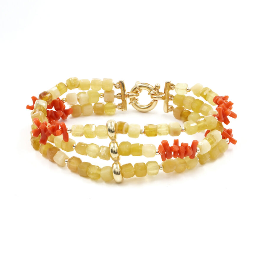 Bracciale Multifilo con opale giallo, corallo, ematite, chiusura in argento - Dorato
