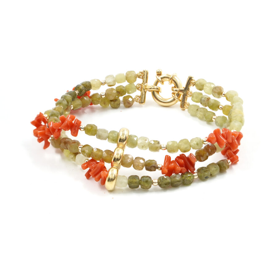 Bracciale Multifilo con granato verde, corallo, ematite, chiusura in argento - Dorato