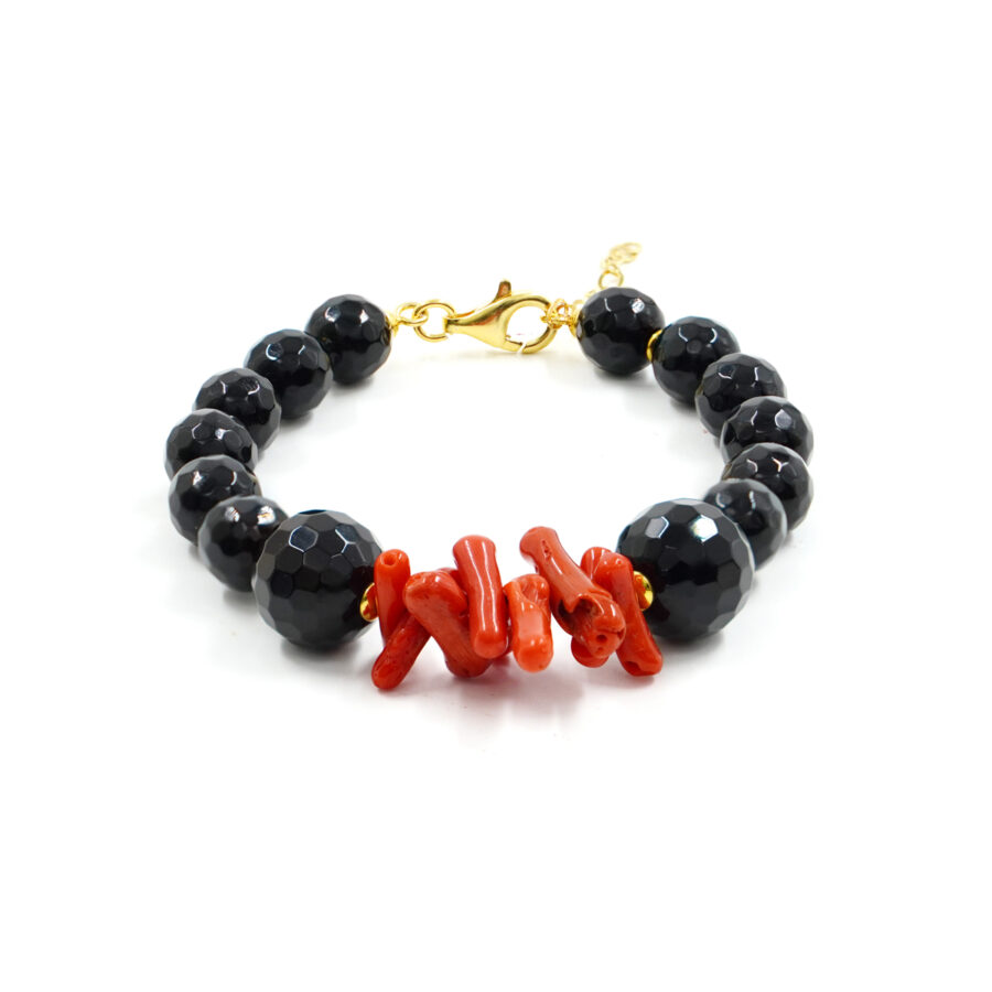 Bracciale con agata nera, corallo, ematite, chiusura in argento – Dorato - immagine 2