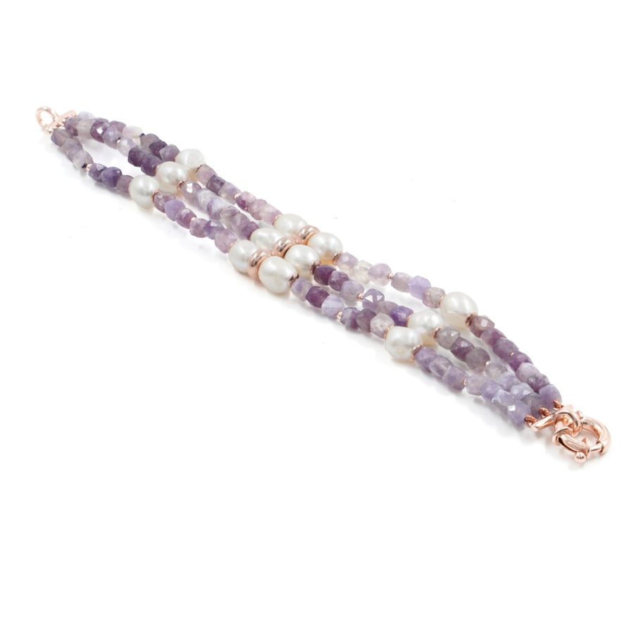 Bracciale Multifilo con tormalina viola, perla, ematite, chiusura in argento – Rosè