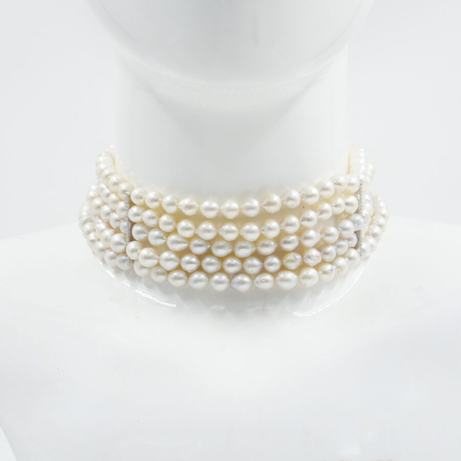 Collana Choker Multifilo con perle a goccia chiusura in argento – Rodiato