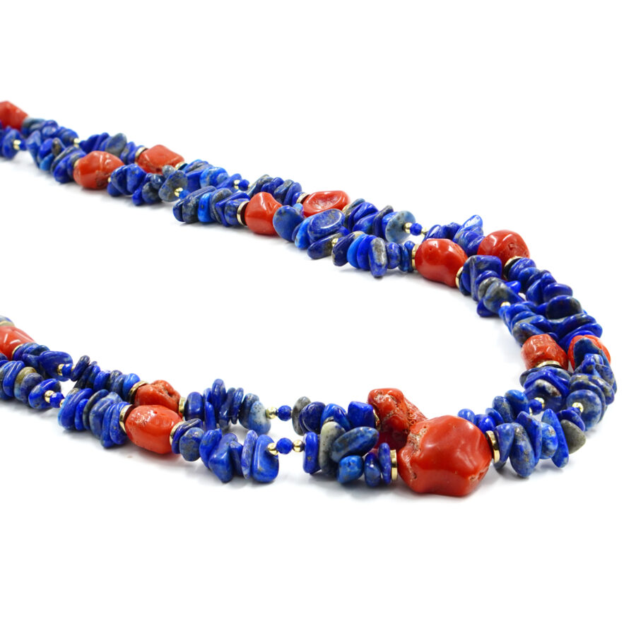 Collana Multifilo con chips di lapis, corallo, ematite, chiusura in argento - Dorato