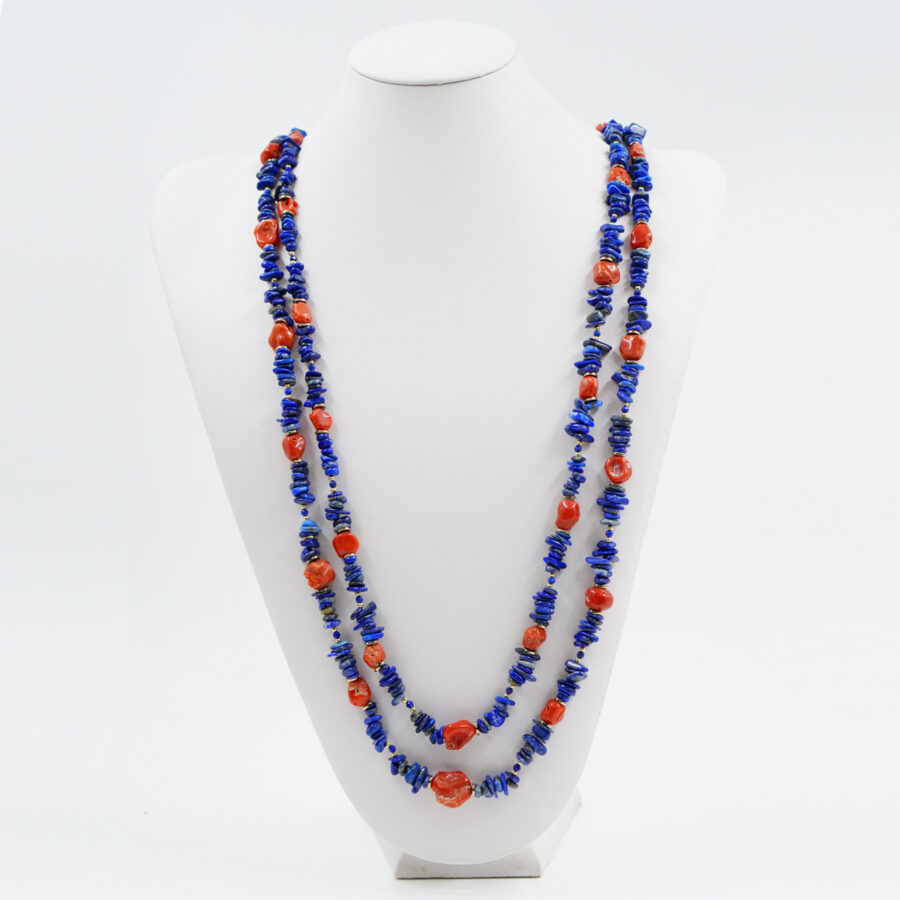Collana Multifilo con chips di lapis, corallo, ematite, chiusura in argento - Dorato - immagine 2