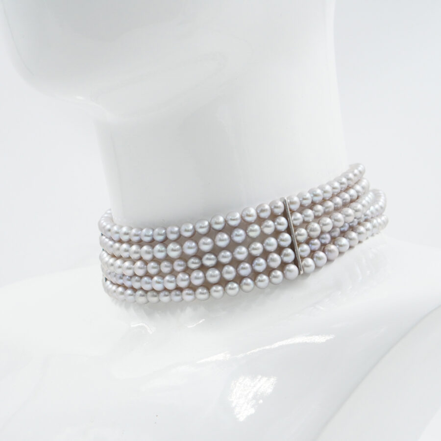 Collana Choker Multifilo con perle grigie, chiusura in argento – Rodiato - immagine 2