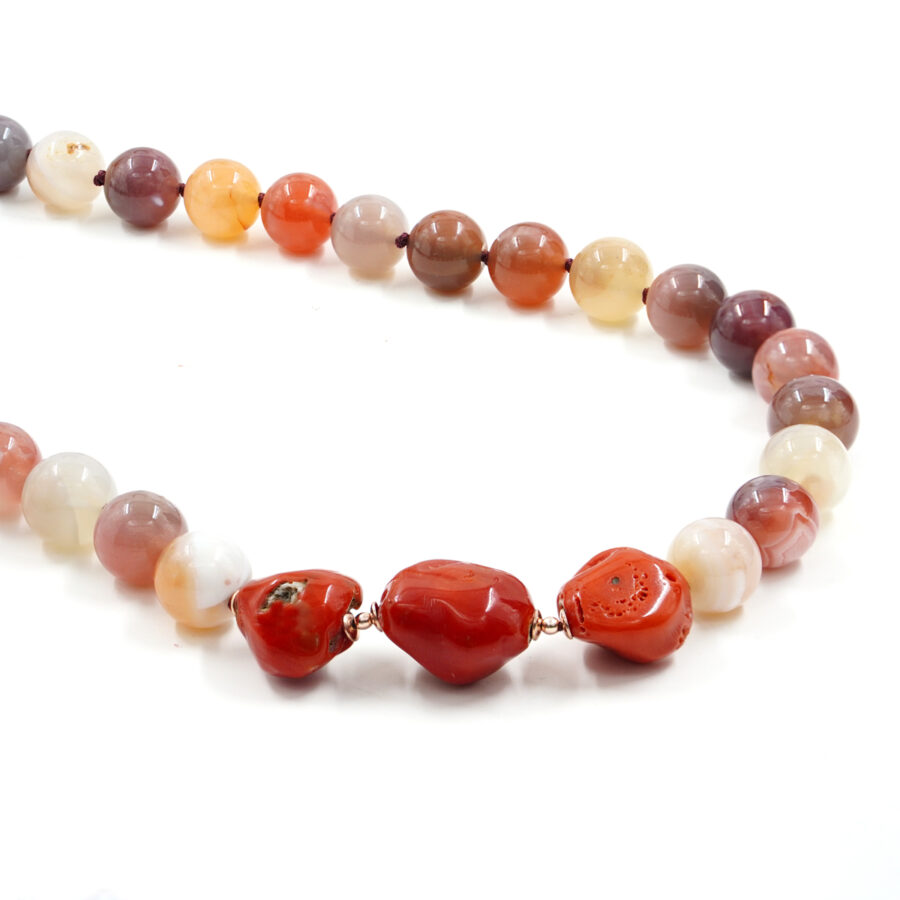 Collana con corallo, agata Botswana rossa, ematite, chiusura in argento – Rosè