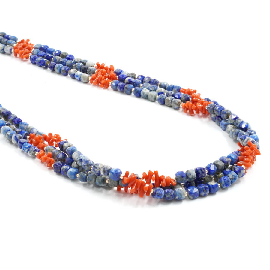 Collana Multifilo con lapis, corallo, ematite, chiusura in argento - Dorato