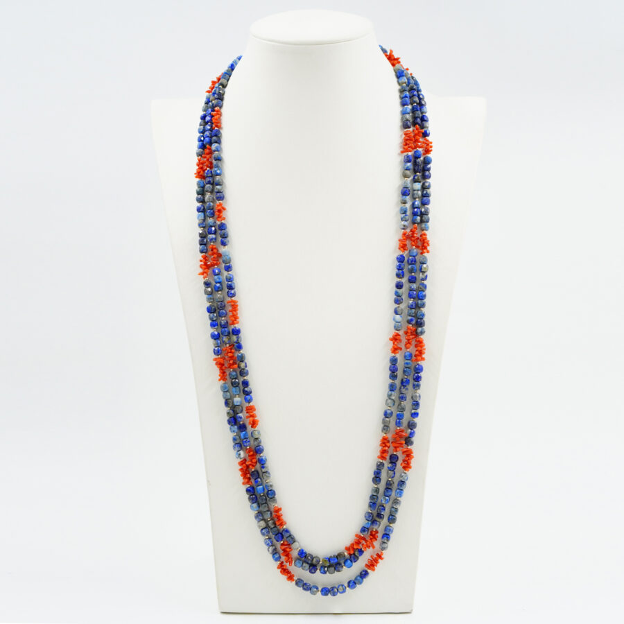 Collana Multifilo con lapis, corallo, ematite, chiusura in argento - Dorato - immagine 2