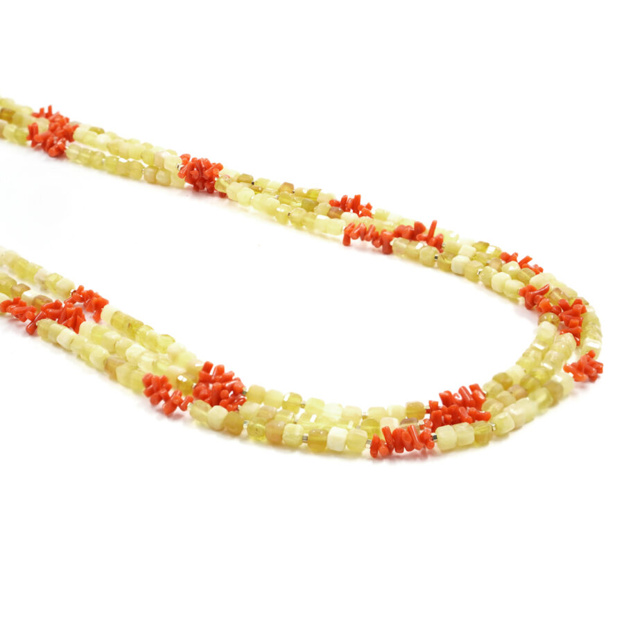 Collana Multifilo con opale giallo, corallo, ematite, chiusura in argento - Dorato