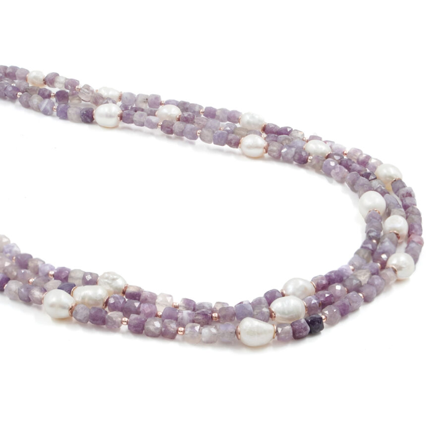 Collana Multifilo con tormalina viola, perla, ematite, chiusura in argento – Rosè