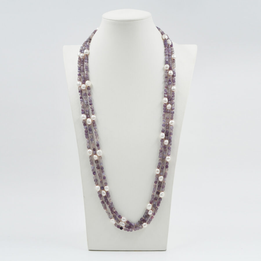 Collana Multifilo con tormalina viola, perla, ematite, chiusura in argento – Rosè - immagine 2