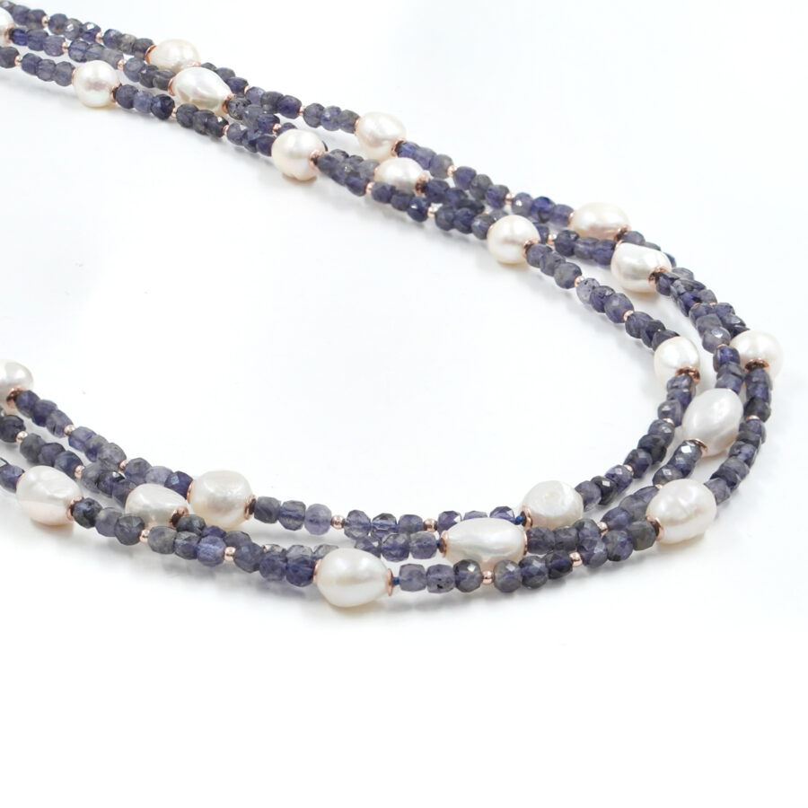 Collana Multifilo con iolite, perla, ematite, chiusura in argento – Rosè