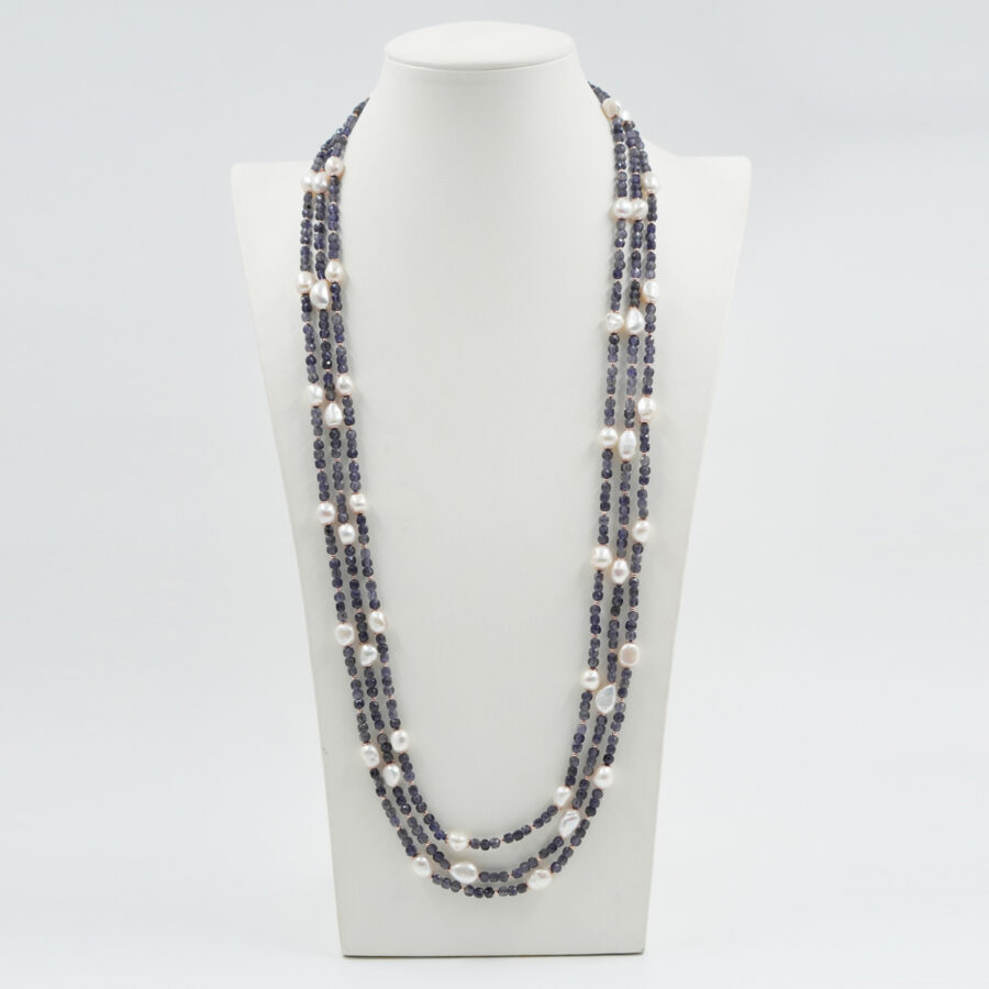 Collana Multifilo con iolite, perla, ematite, chiusura in argento – Rosè - immagine 2