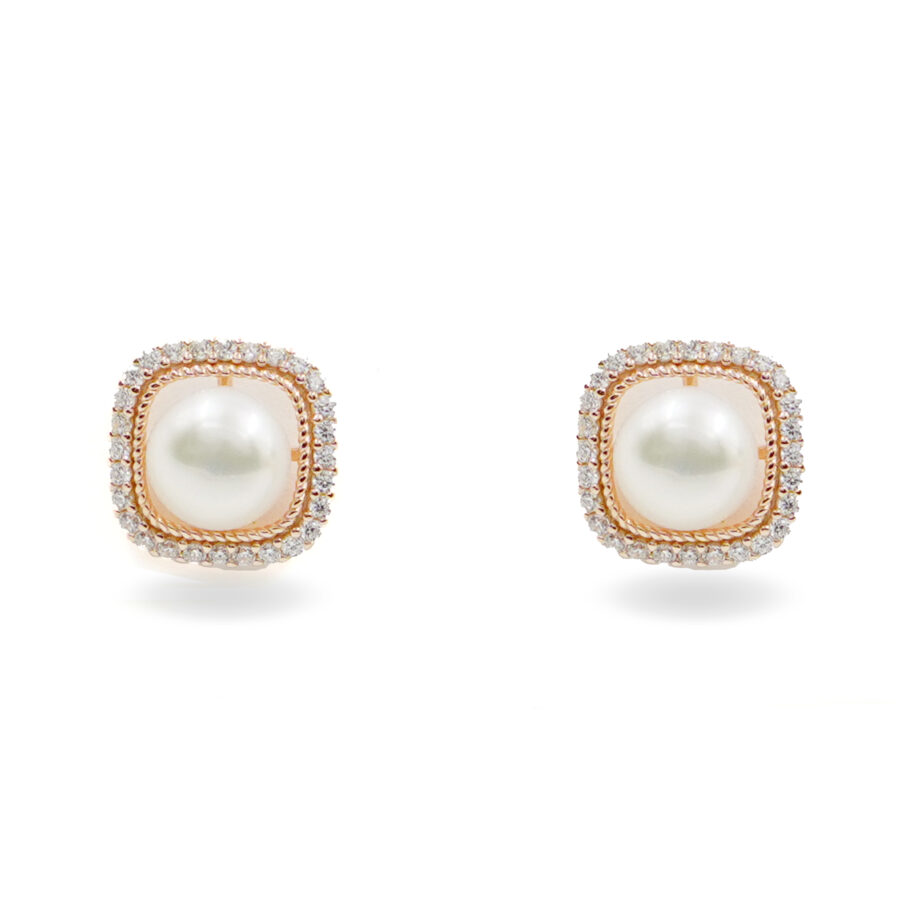 Orecchini in argento quadrato con perle e zirconi – Rosè