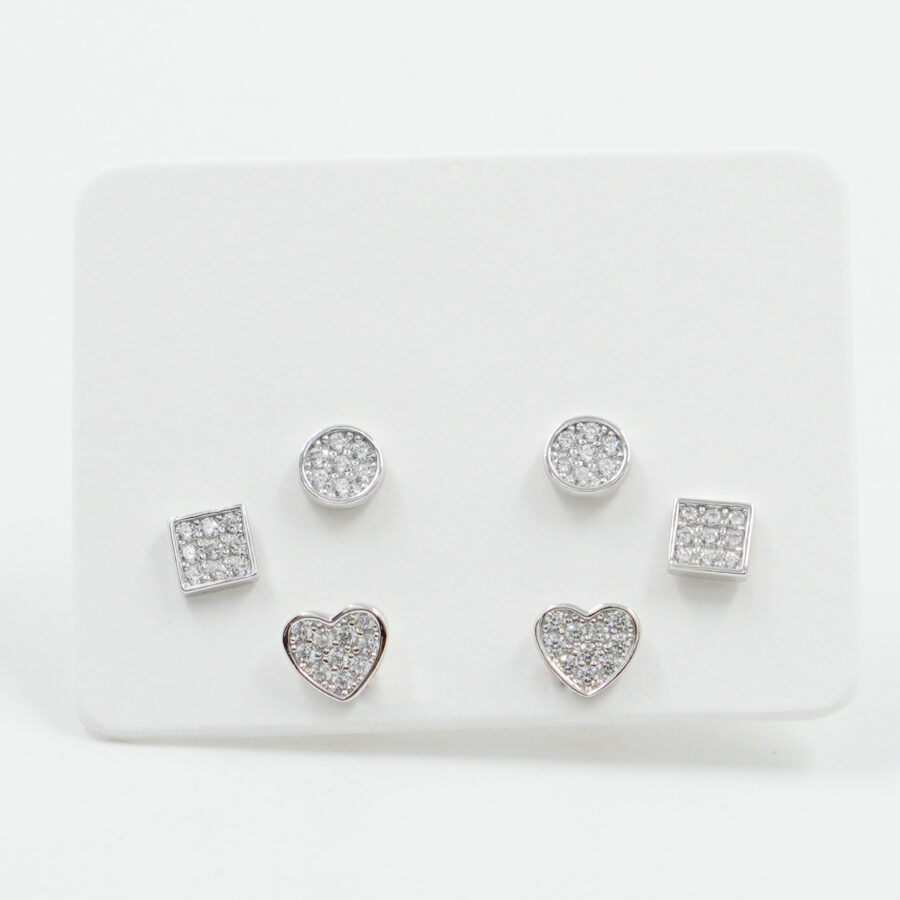Set di Orecchini in argento cuore, quadrato e tondo con zirconi – Rodiato