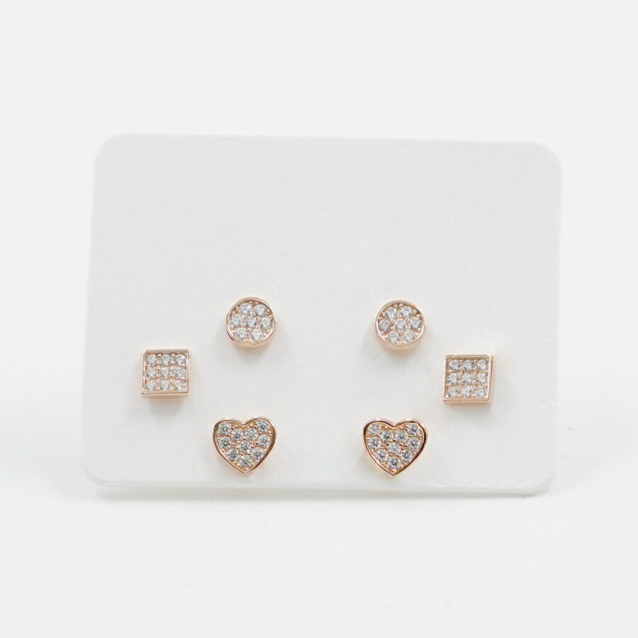 Set di Orecchini in argento cuore, quadrato e tondo con zirconi – Rosè