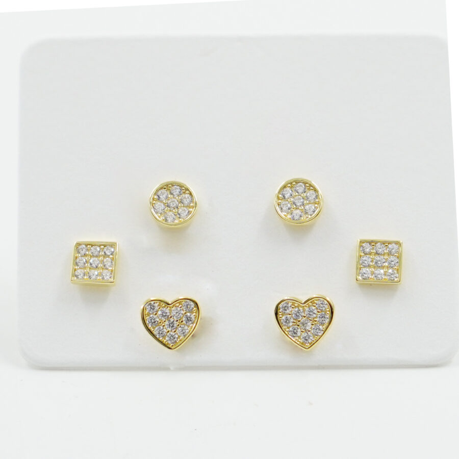 Set di Orecchini in argento cuore, quadrato e tondo con zirconi – Dorato