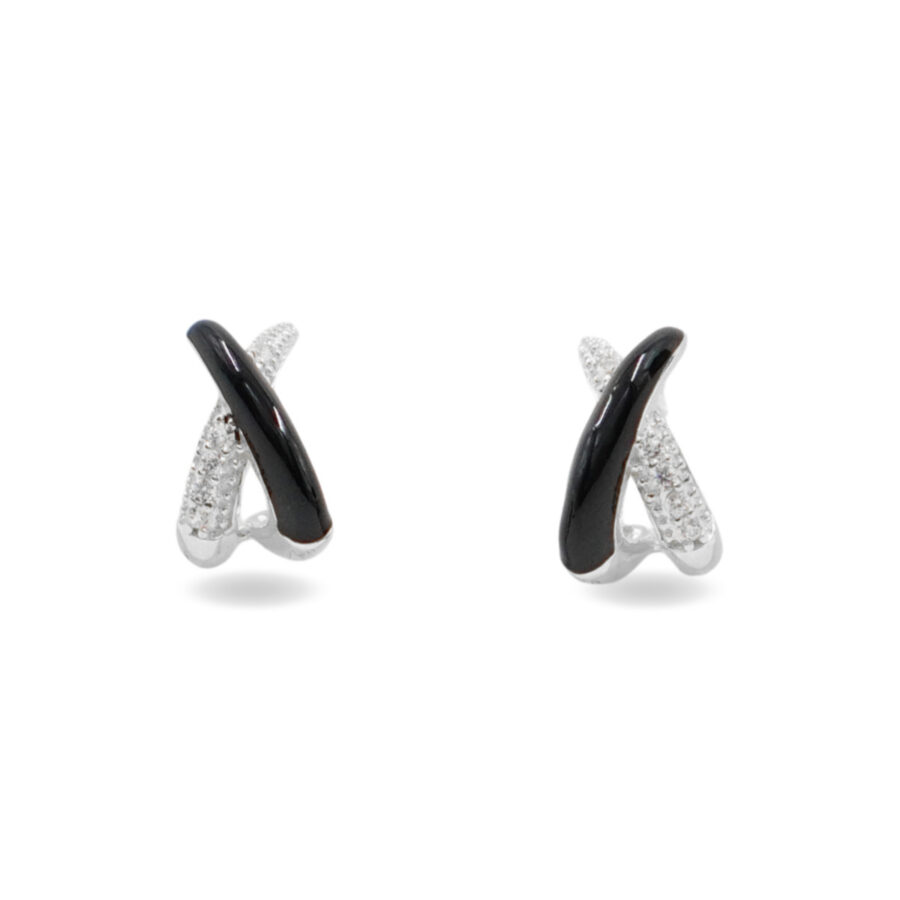 Orecchini in argento forma X con smalto e zirconi – Rodiato