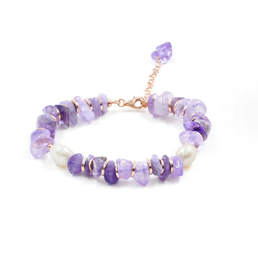 Bracciale con ametista, perla, ematite, chiusura in argento – Rosè