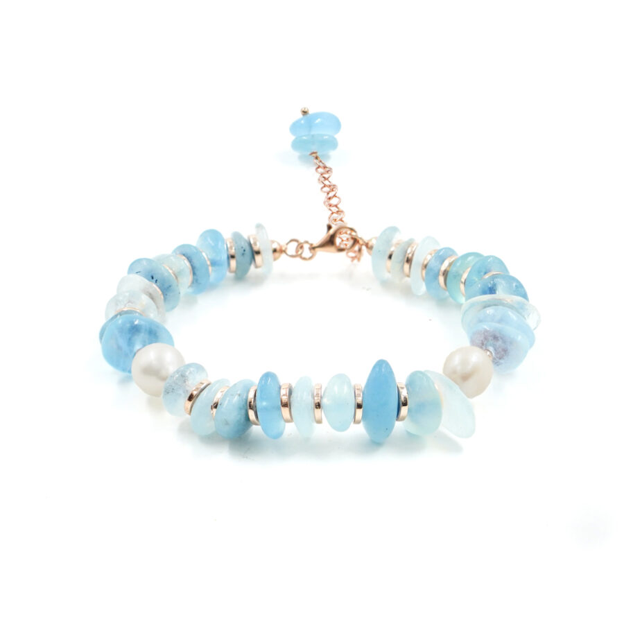 Bracciale con acquamarina, perla, ematite, chiusura in argento – Rosè