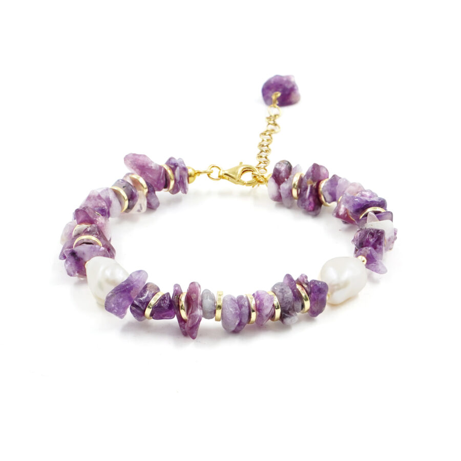 Bracciale con tormalina, perla, ematite, chiusura in argento – Dorato