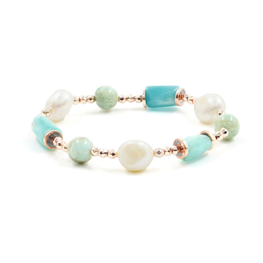 Bracciale Elastico con amazzonite, perla, ematite