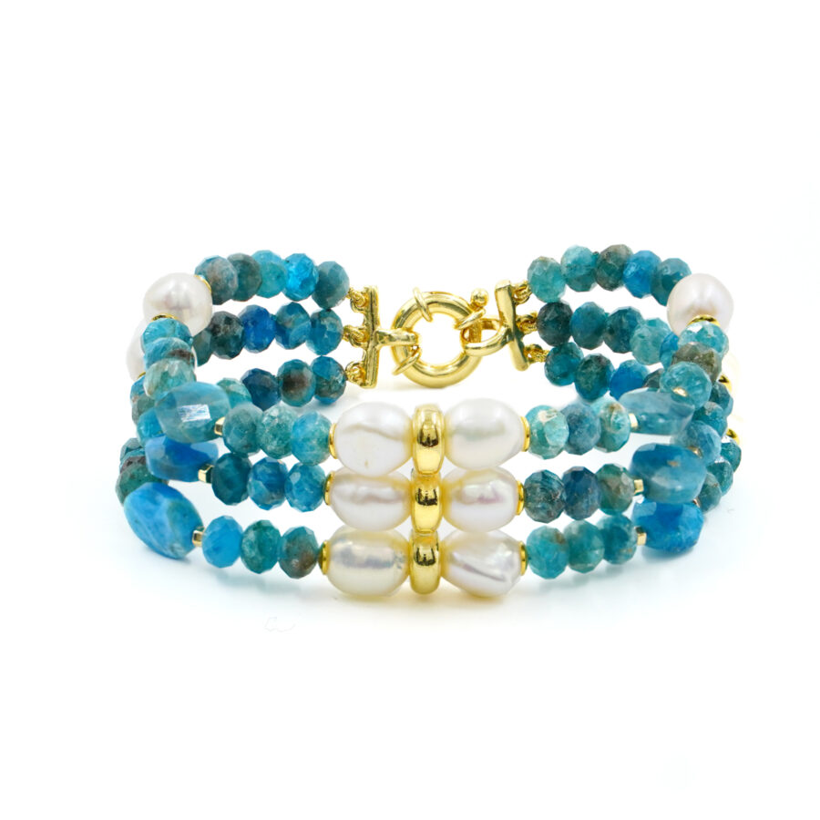 Bracciale Multifilo con apatite, perla, ematite, chiusura in argento - Dorato
