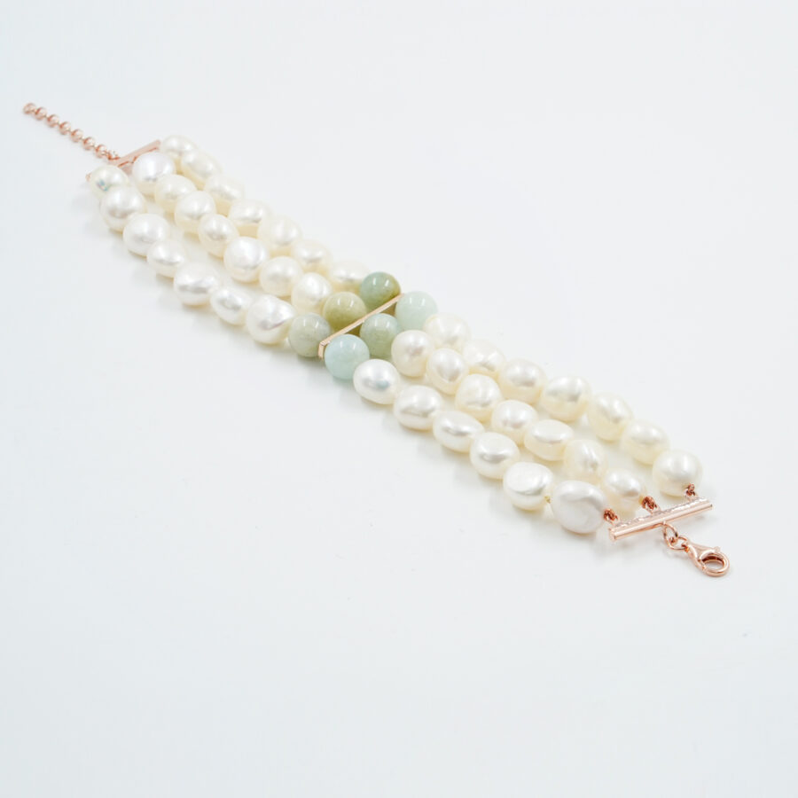 Bracciale Multifilo con perle barocche, acquamarina, chiusura in argento – Rosè