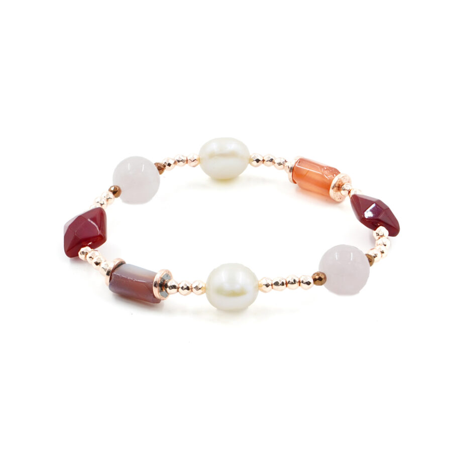 Bracciale Elastico con ematite, agata rossa e agata Botswana, quarzo rosa e perla