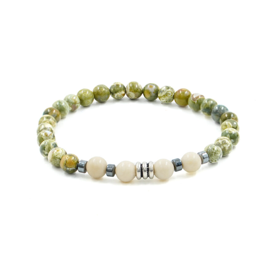 Bracciale Elastico con Riolite, Diaspro Fossile, ematite, elemento in argento brunito