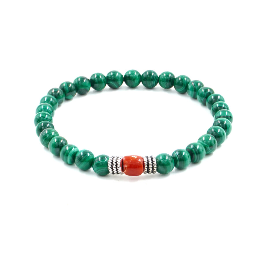 Bracciale Elastico con Malachite, Corallo, elemento in argento brunito