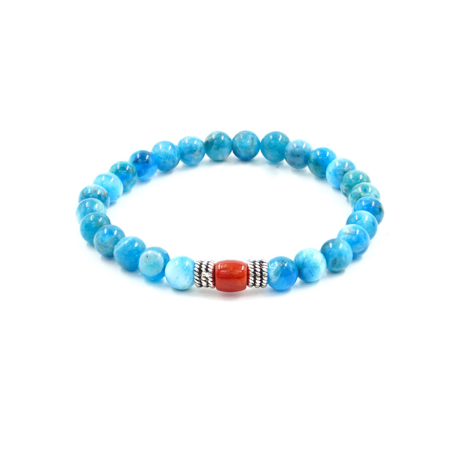 Bracciale Elastico con Apatite, Corallo, elemento in argento brunito
