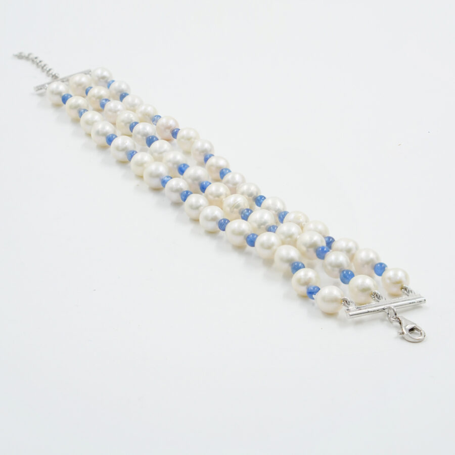 Bracciale Multifilo con perle, cianite, chiusura in argento – Rodiato