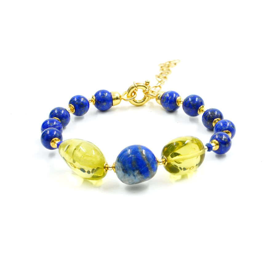 Bracciale con Lapis, Ambra Verde Colombiana, ematite, chiusura in argento - Dorato