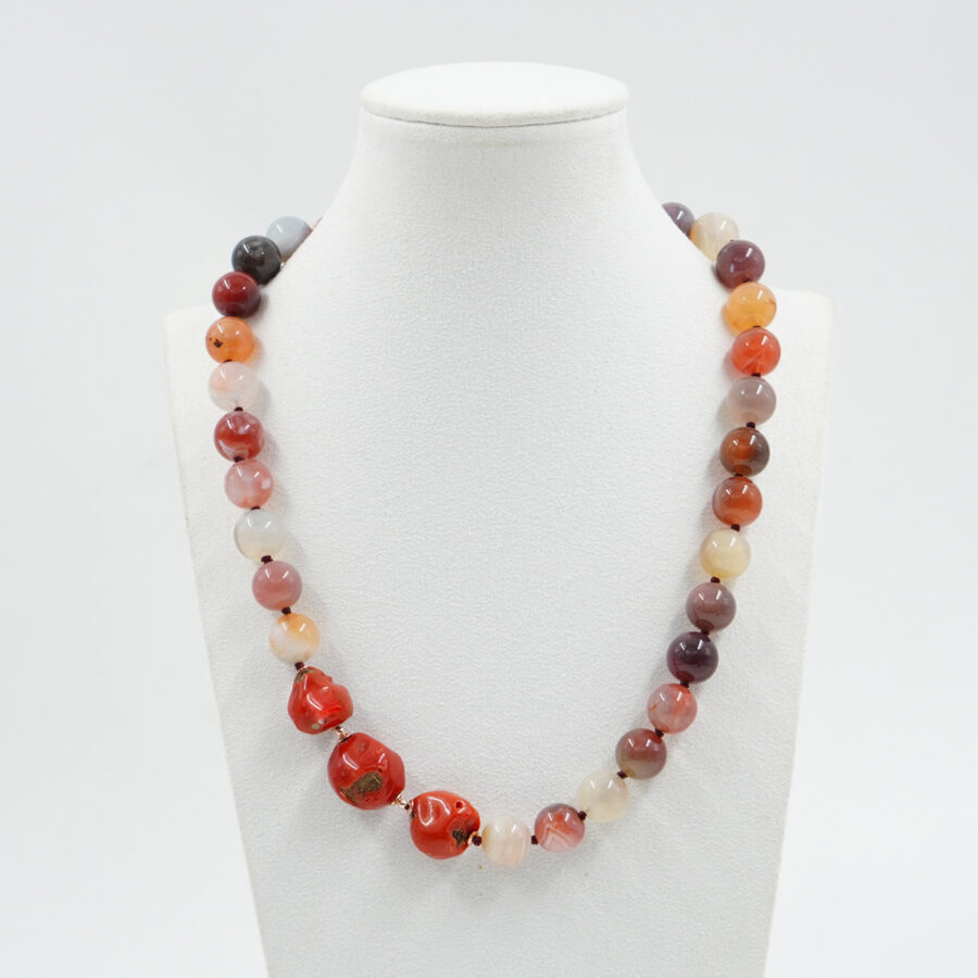 Collana con corallo, agata Botswana rossa, ematite, chiusura in argento – Rosè - immagine 2