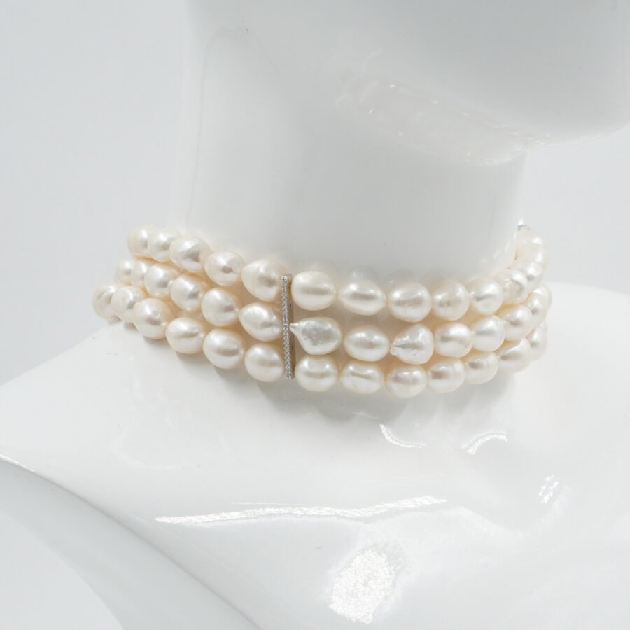 Collana Choker Multifilo con perle barocche, chiusura in argento – Rodiato