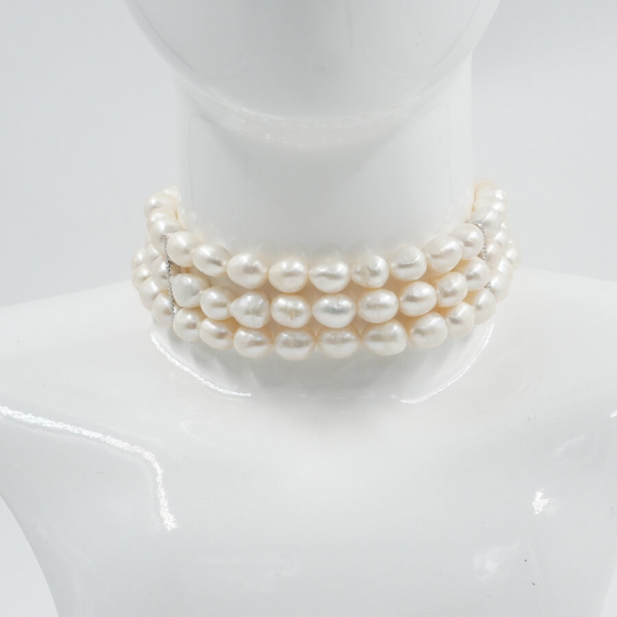 Collana Choker Multifilo con perle barocche, chiusura in argento – Rodiato - immagine 2