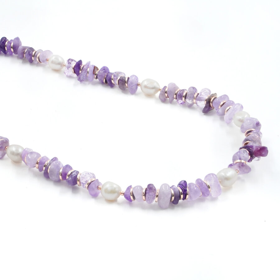 Collana con ametista, perla, ematite, chiusura in argento – Rosè