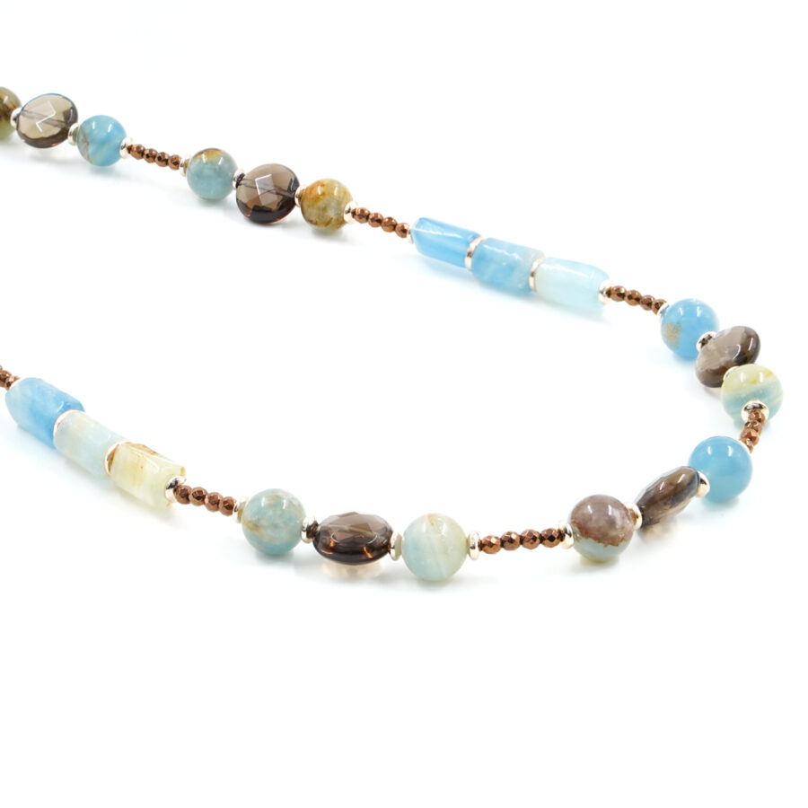 Collana con ematite, calcite azzurra, quarzo fumè, chiusura in argento - Rosè