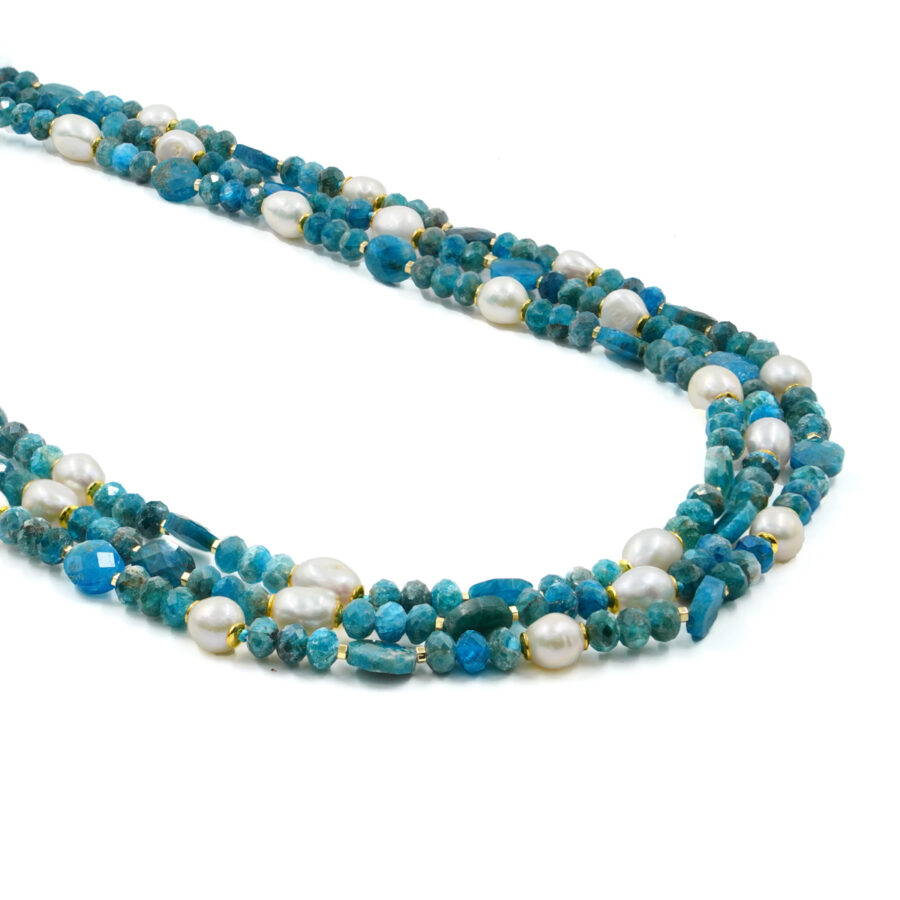 Collana Multifilo con apatite, perla, ematite, chiusura in argento - Dorato