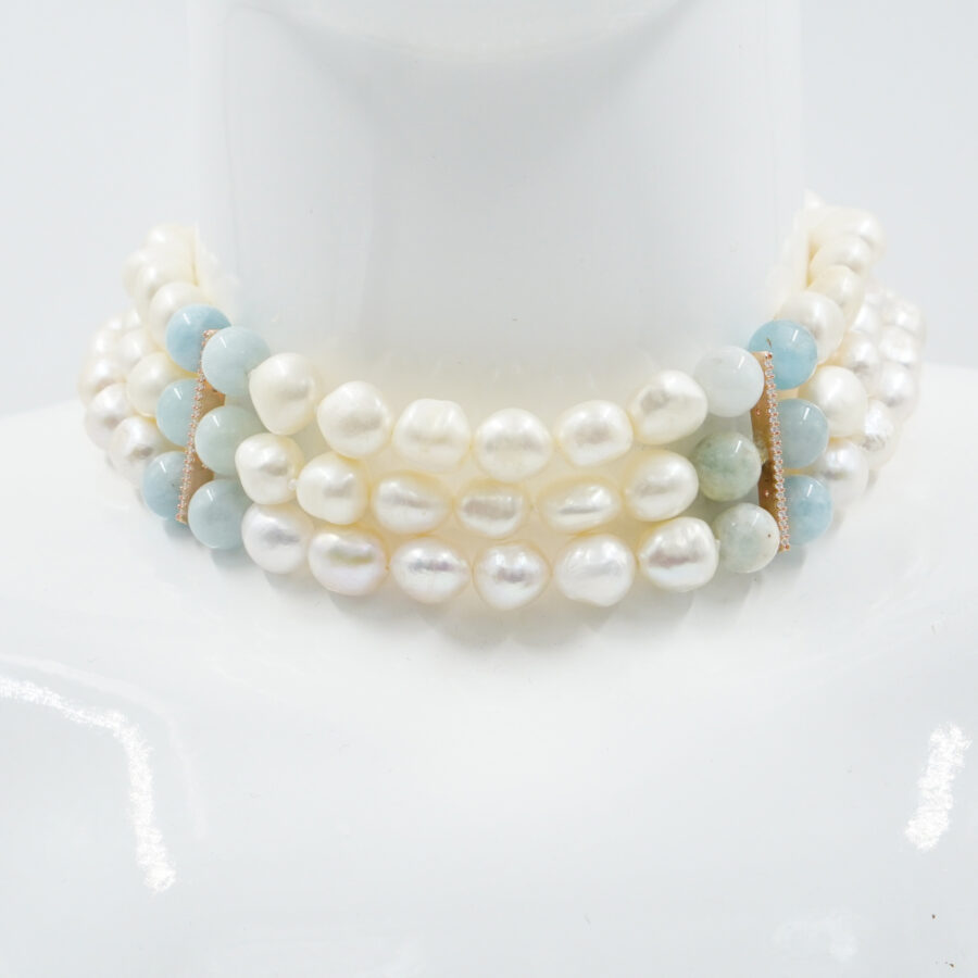 Collana Choker Multifilo con perle barocche, acquamarina, chiusura in argento – Rosè