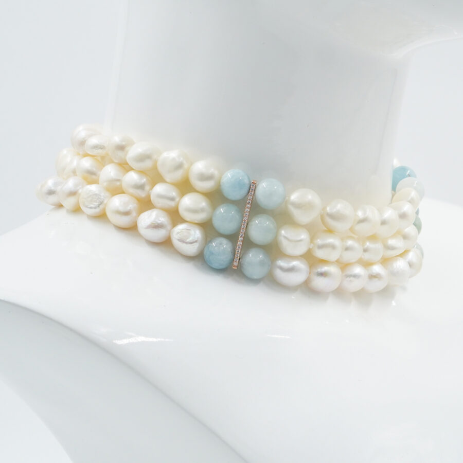 Collana Choker Multifilo con perle barocche, acquamarina, chiusura in argento – Rosè - immagine 2