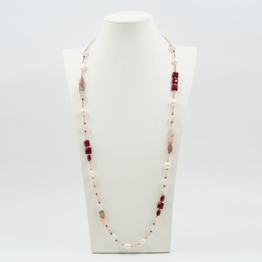 Collana con ematite, agata rossa e agata Botswana, quarzo rosa, perla e chiusura in argento – Rosè - immagine 2