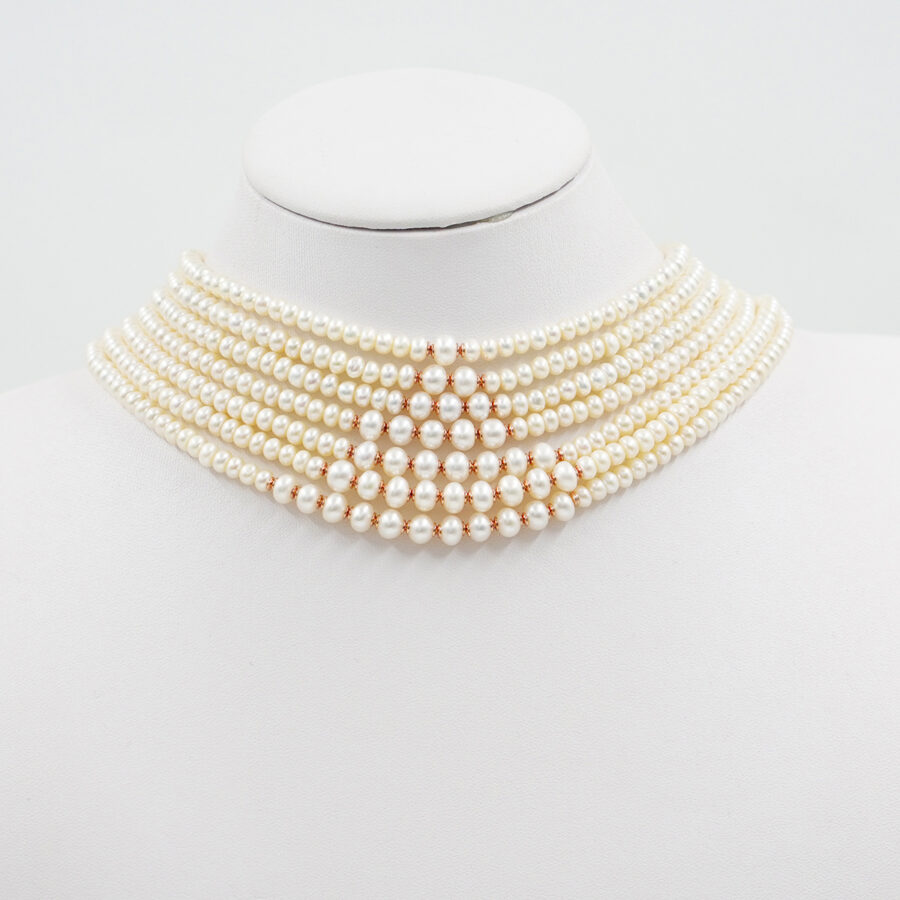 Collana Multifilo con perle forma bottone, chiusura in argento – Rosè