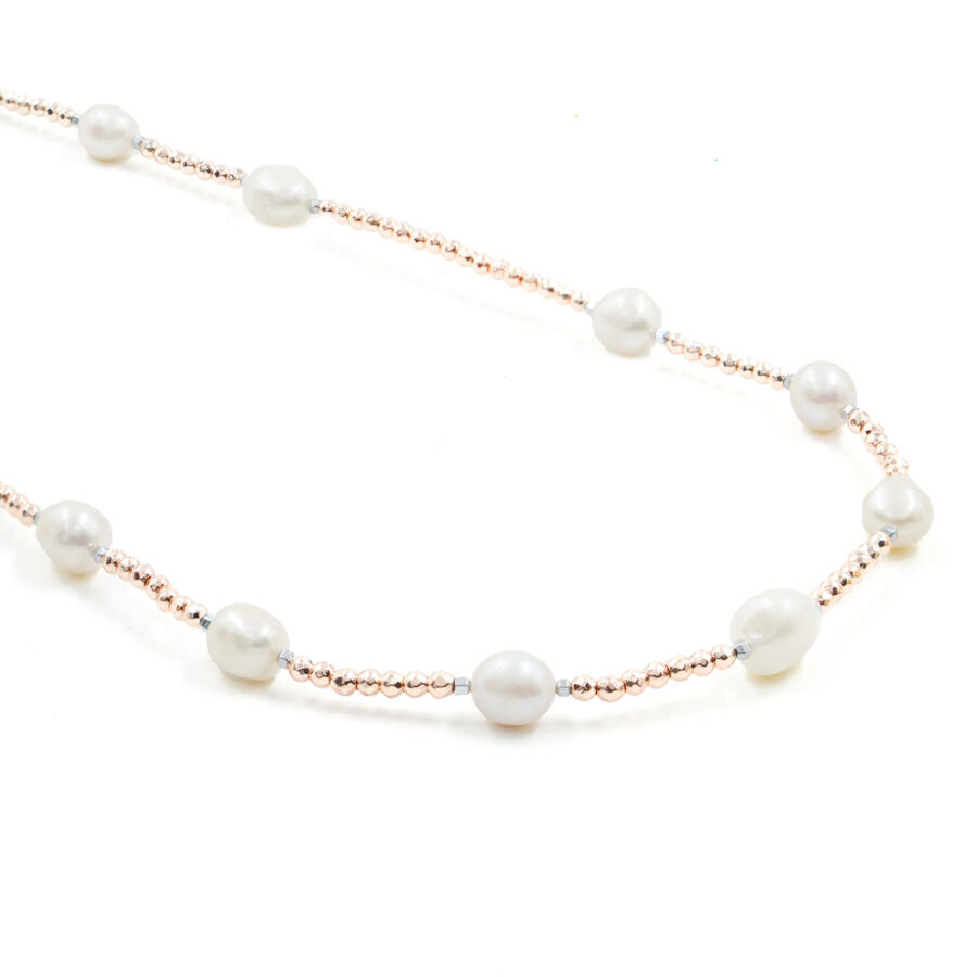 Collana con ematite rosa, perla, chiusura in argento – Rodiato