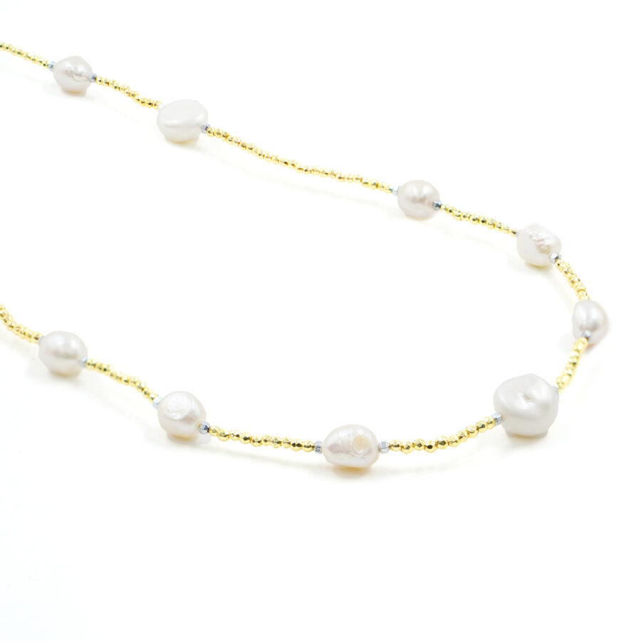 Collana con ematite dorata, perla, chiusura in argento – Rodiato