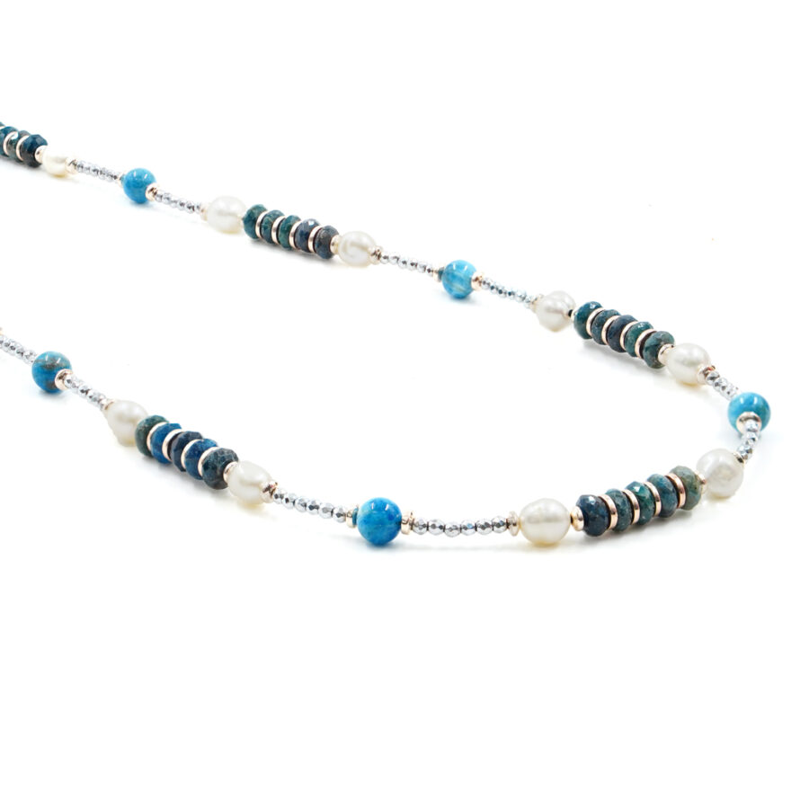 Collana con ematite, apatite, perla, chiusura in argento - Rodiato