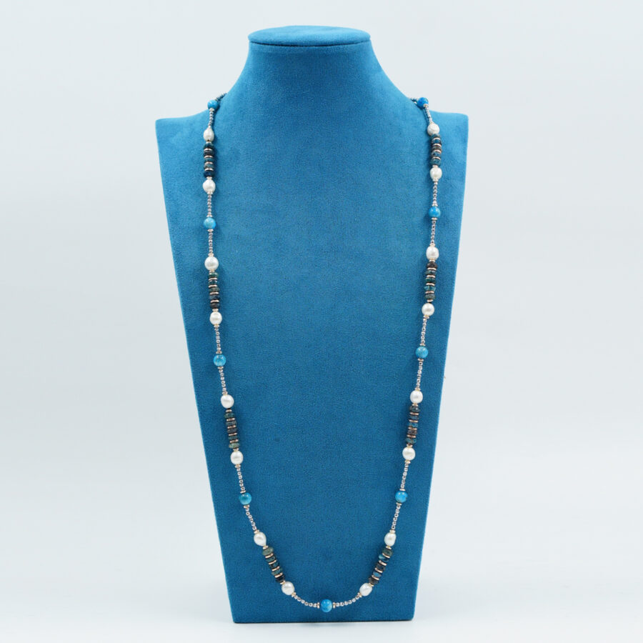 Collana con ematite, apatite, perla, chiusura in argento - Rodiato - immagine 2