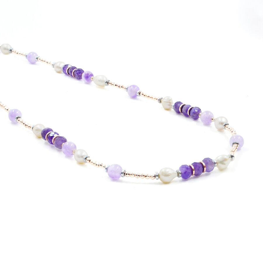 Collana con ematite, ametista, perla, chiusura in argento - Rosè