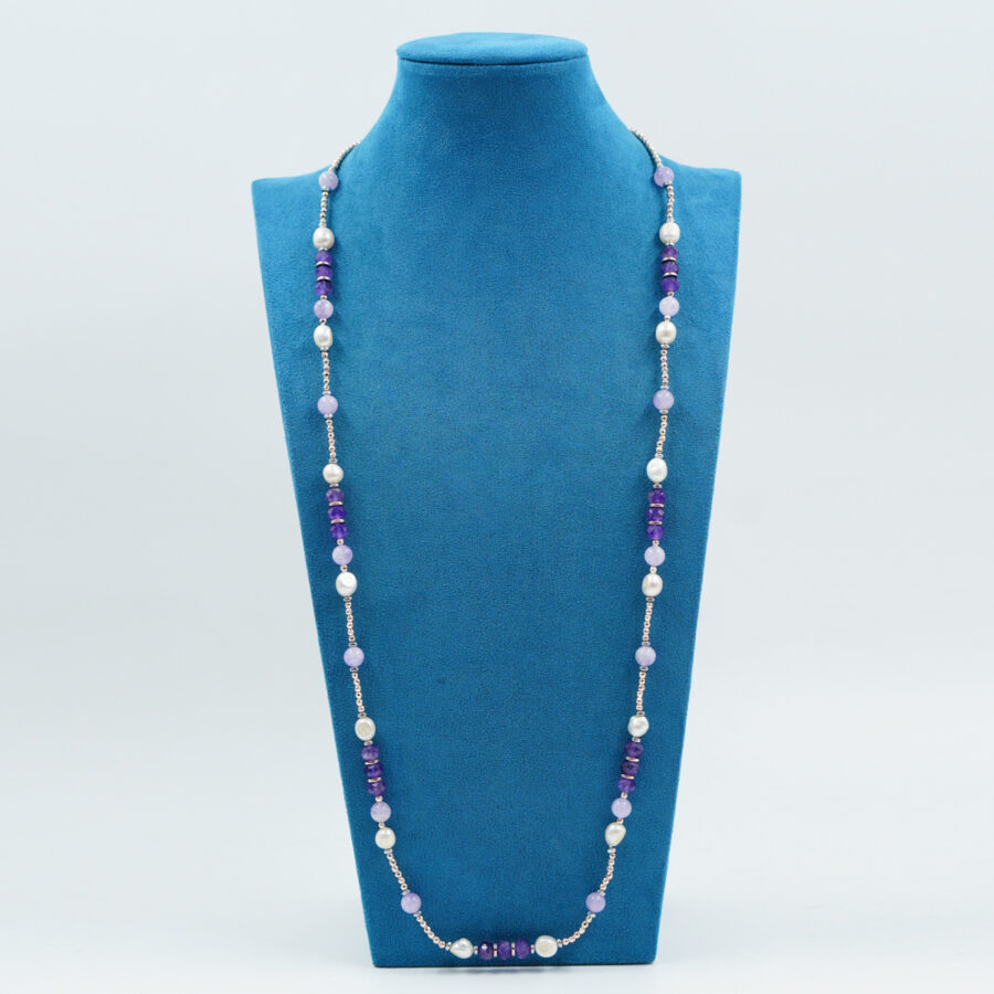 Collana con ematite, ametista, perla, chiusura in argento - Rosè - immagine 2