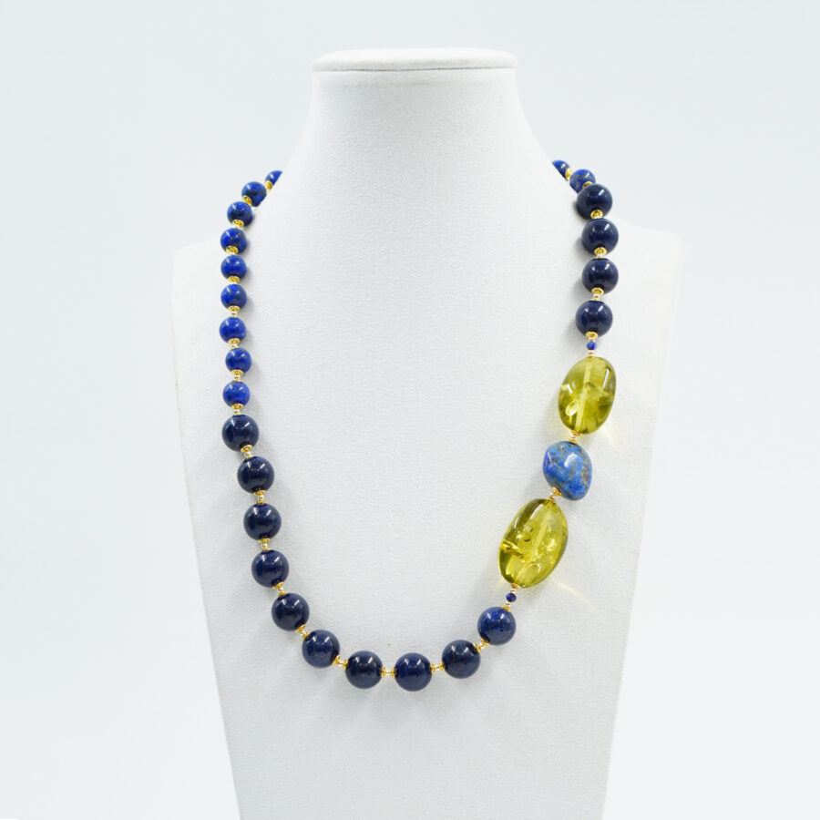 Collana con Lapis, Ambra Verde Colombiana, ematite, chiusura in argento - Dorato